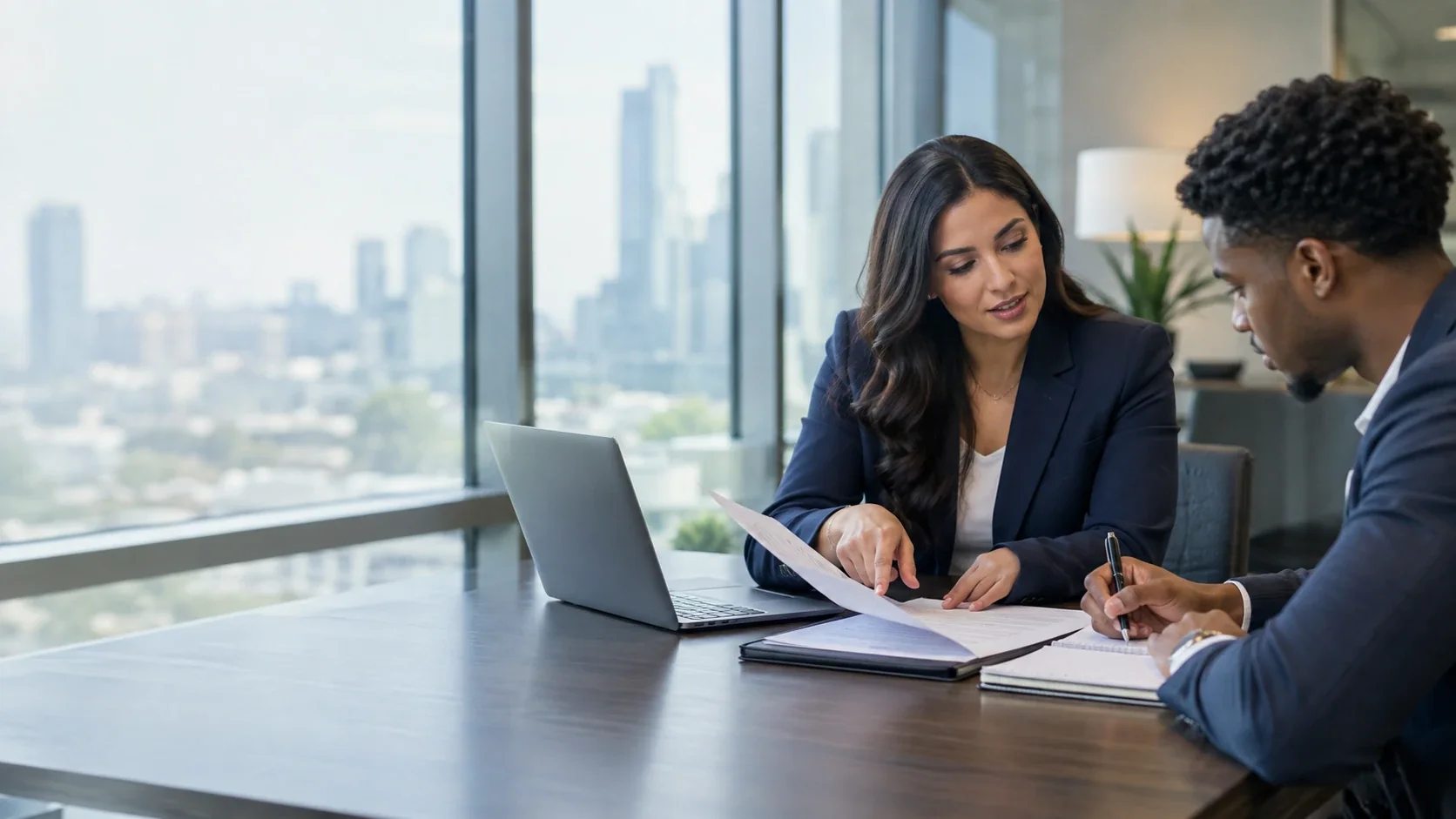 A consultation: an advisor reviewing documents with a business owner