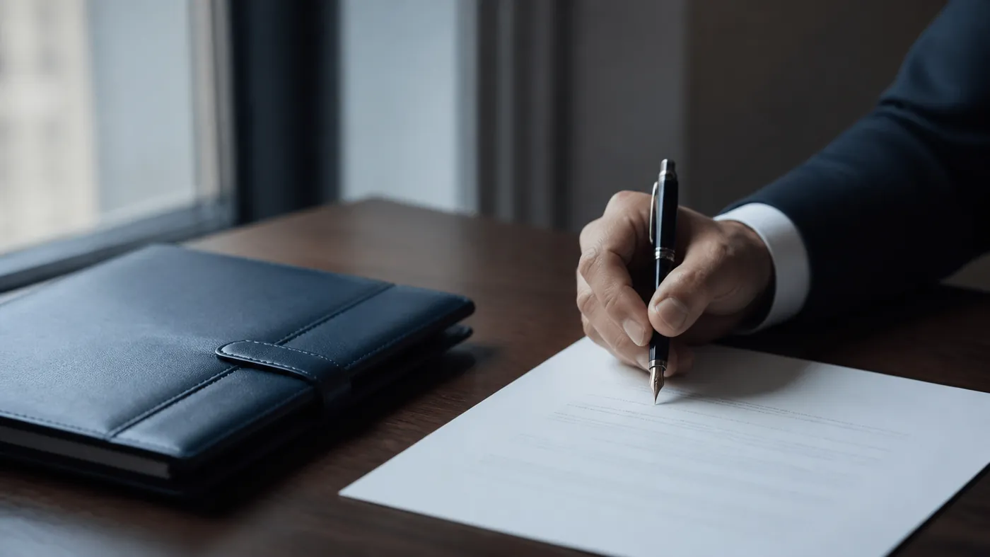 A hand signing an agreement with a fountain pen beside a navy leather portfolio