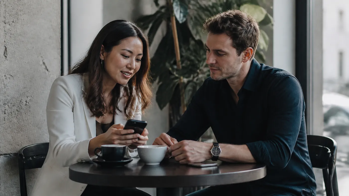 Two people at a coffee shop table, one showing the other something on her phone