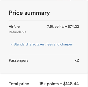 Alaska Airlines booking, outbound leg, 15,000 miles plus $148.44 cash