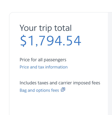 American Airlines cash fare total of $1,794.54 for the round-trip flights