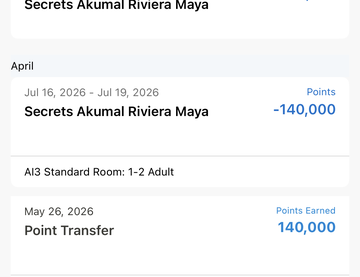Hyatt account activity showing 140,000 points transferred in and redeemed for the stay