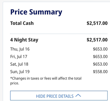 Hyatt cash rate total of $2,517.00 for a 4-night stay